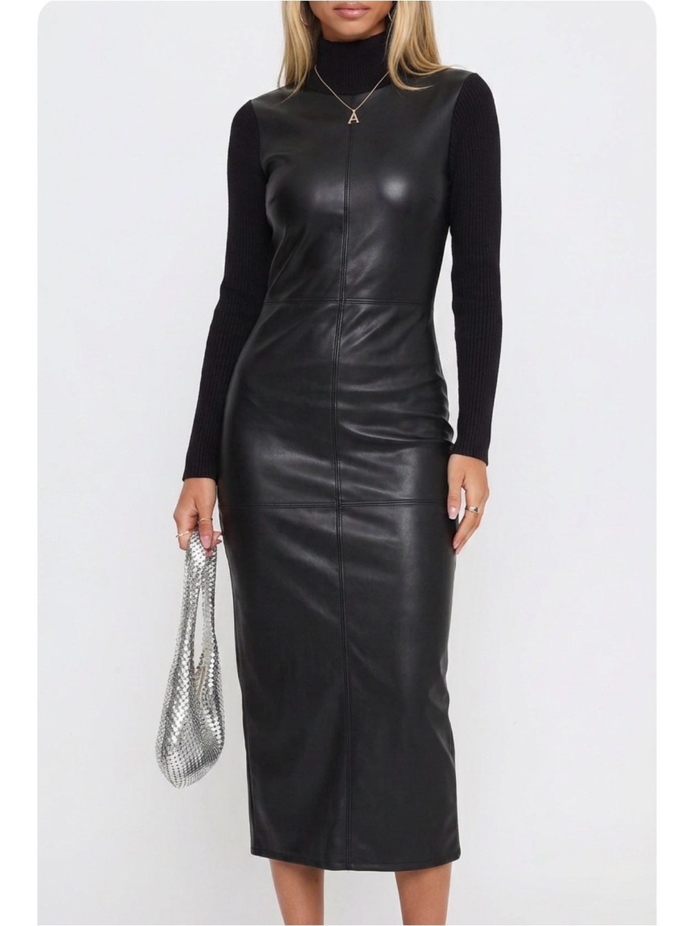 Ann Taylor Black Faux Leather Maxi Dress with sweater sleeves and turtleneck